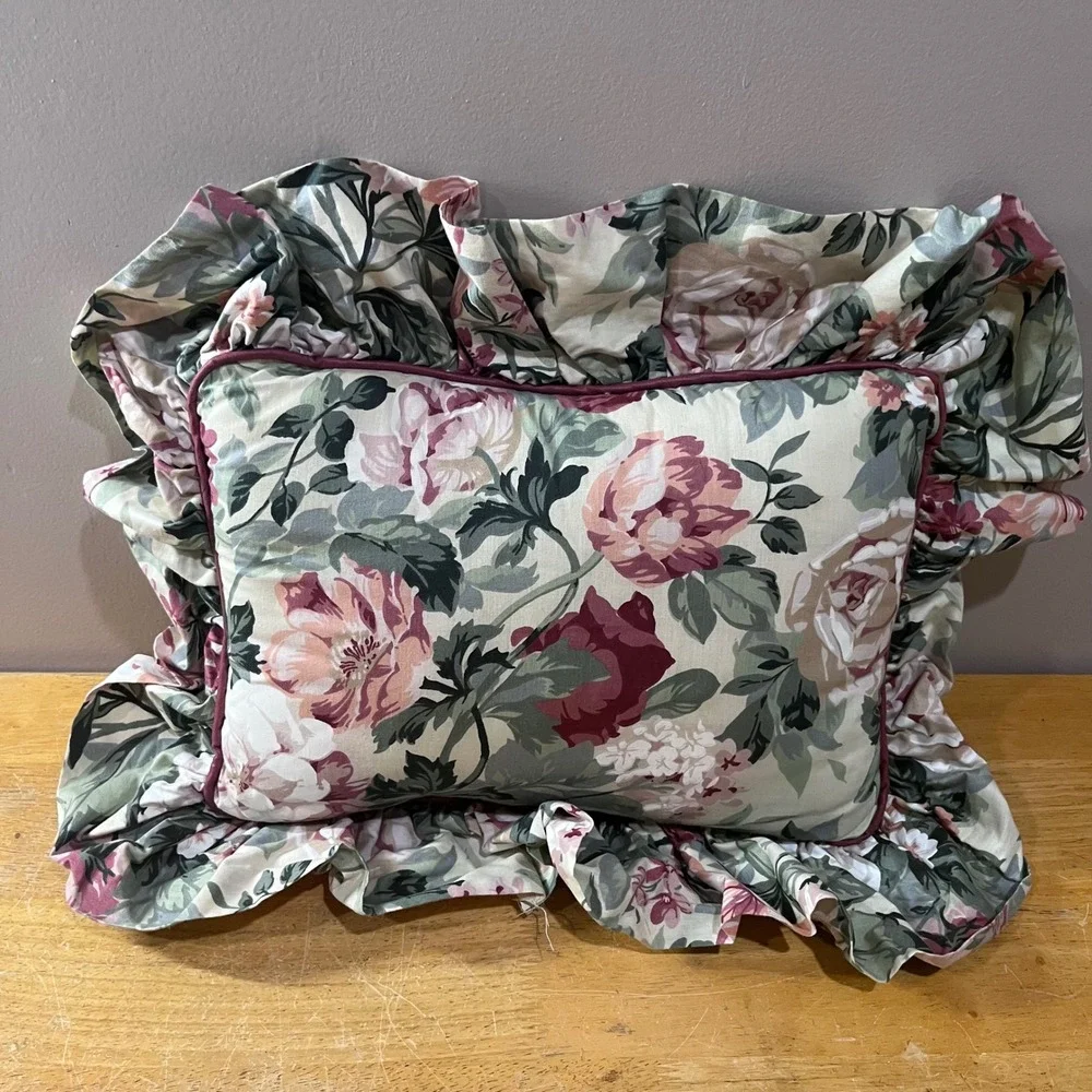 Vtg Croscill Arbor Rose Floral Ruffle Throw Pillow Burgundy Green Cottagecore